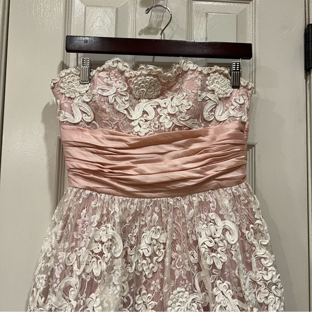 Vintage Betsey Johnson Lace Pink Strapless Mini Dress Lacey Tea Party Tulle Bow - Picture 2 of 14